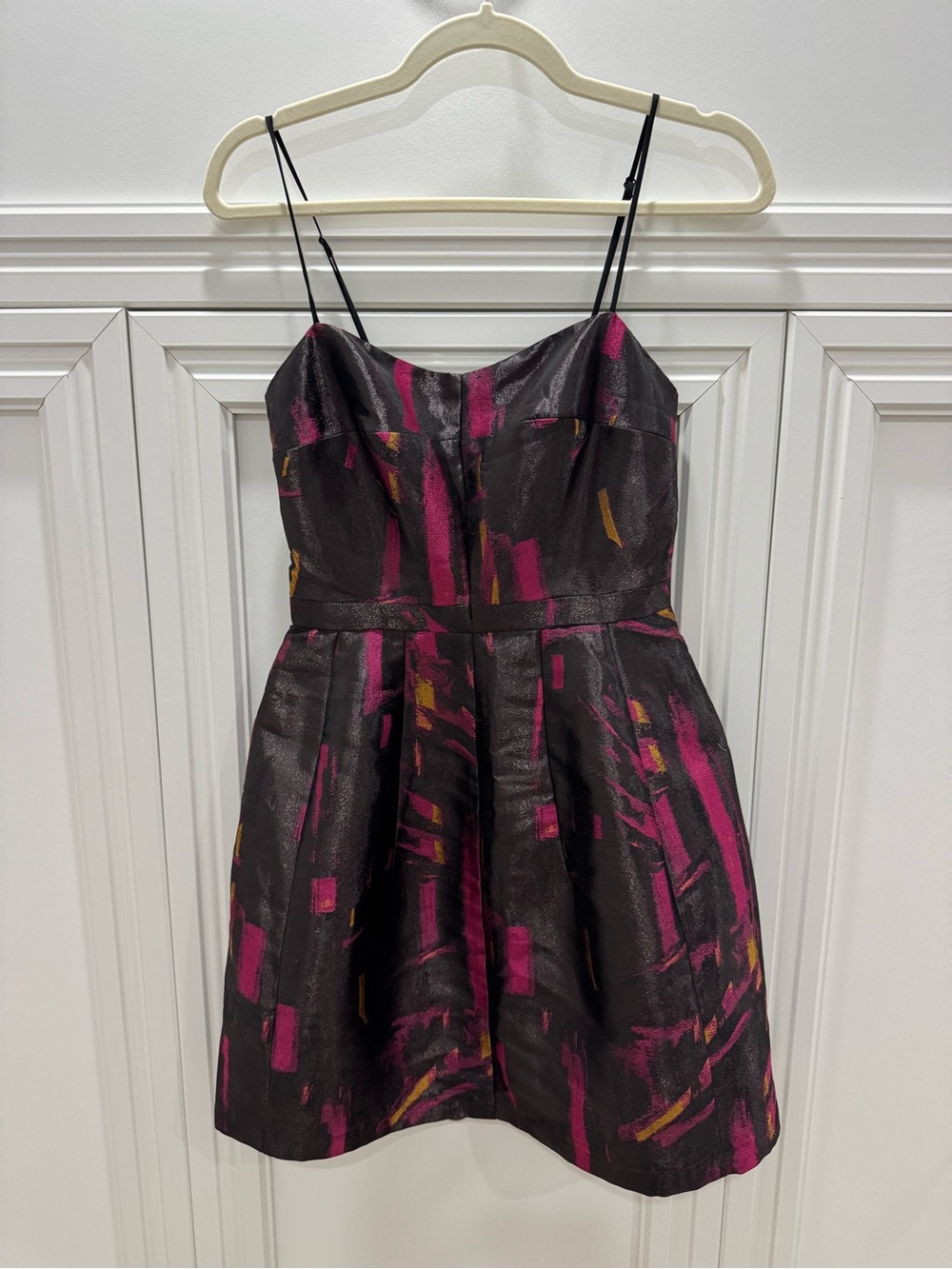 Eight Sixty Black Mini Dress with Magenta and Mustard Brushstroke Print